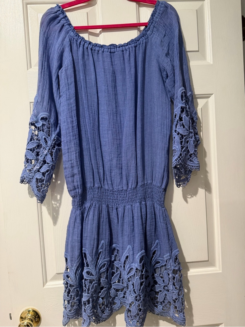 Temptation Positano Italy Blue Linen Lace Crochet Mini Dress Size L